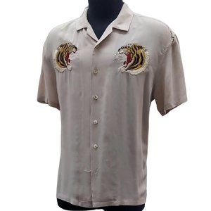 Vintage 80's PACSUN Taupe button up Shirt w/ Embroidered Tigers Size Medium